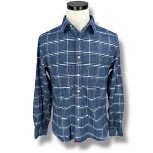 Untuckit Flannel Shirt Men Large Blue White Plaid Long Sleeve Button Up Slim Fit